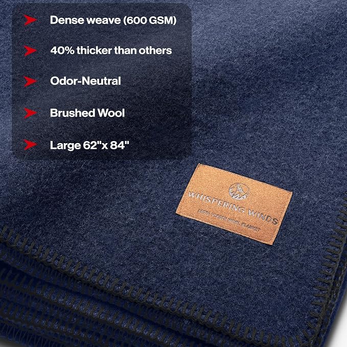 Whispering Winds 100% Wool Blanket, Premium Twin Size (62"x84") | Soft, Warm, Thick, Comfortable, For Bed, Couch, Home, Car, Camping, Outdoors, Survival