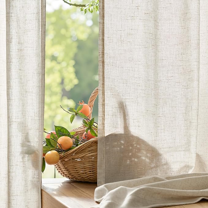 jinchan Linen Curtains for Living Room Bedroom Light Filtering Semi Sheer Curtains Boho Farmhouse French Country Cottage Core Decor Window Drapes Back Tab 96 Inch Length Tassel Beige