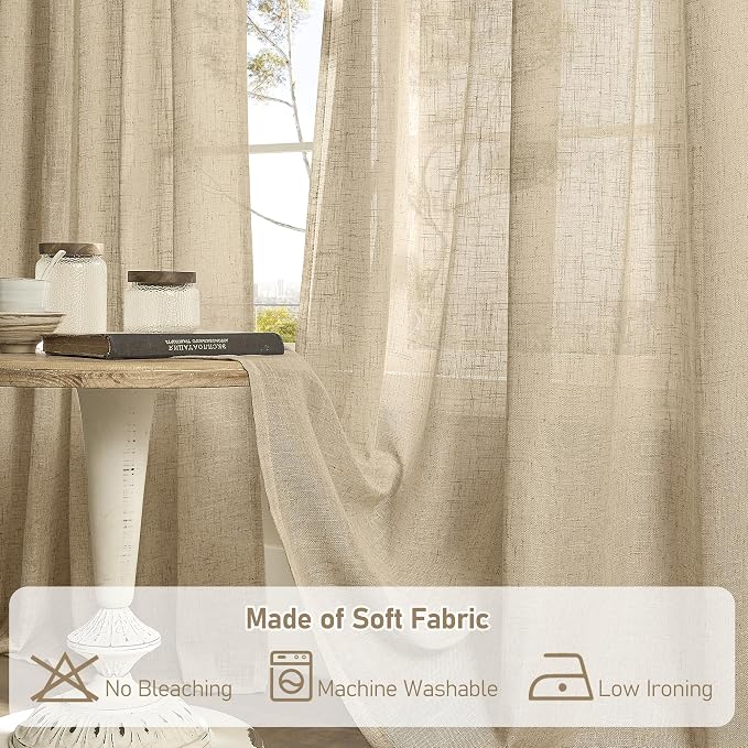 LAMIT Brown Linen Curtains for Bedroom, 72 Inch Length Light Filtering Semi Sheer Panels Back Tab and Rod Pocket Neutral Drapes for Living Room, 2 Panels, 34 x 72 Inch