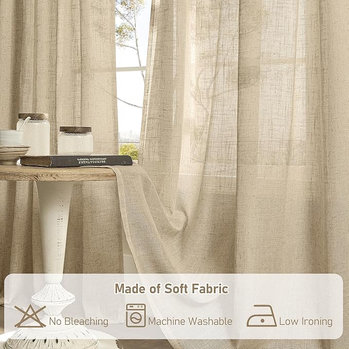 LAMIT Brown Linen Curtains 84 inches for Bedroom, Faux Linen Textured Light Filtering Drapes Back Tab and Rod Pocket Boho Burlap Panels for Farmhouse/Living Room, 2 Panels, 52 x 84 Inch