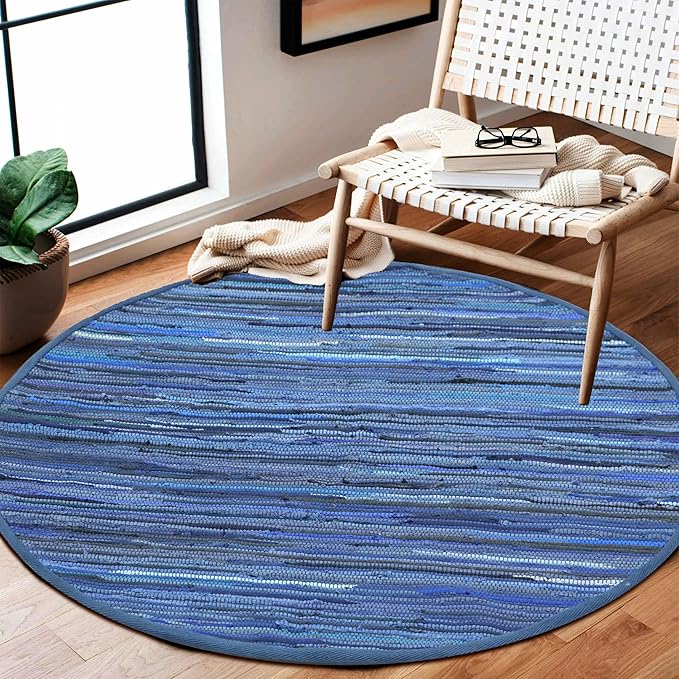 Cotton Hand Woven Chindi Area Rug 4 Feet Round - Navy, Reversible Large Durable Indoor Décor Carpet Ideal for Bedroom, Living Room, Nursery | Blue Soft Farmhouse Circle Floor Mat for Home Space