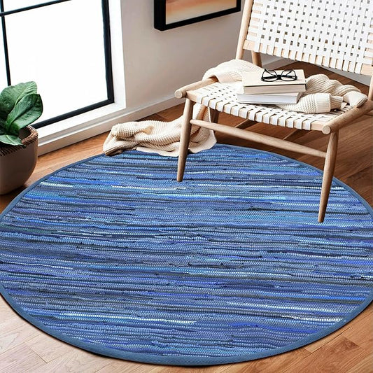 Cotton Hand Woven Chindi Area Rug 4 Feet Round - Navy, Reversible Large Durable Indoor Décor Carpet Ideal for Bedroom, Living Room, Nursery | Blue Soft Farmhouse Circle Floor Mat for Home Space