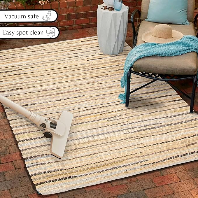 Cotton Hand Woven Chindi Rug 3x5 Feet - Beige, Decorative Soft Throw Indoor Floor Rag Rugs Ideal for Hallway, Kitchen, Kids Room | Durable Lightweight Neutral Home Space Dhurrie for Costal Décor