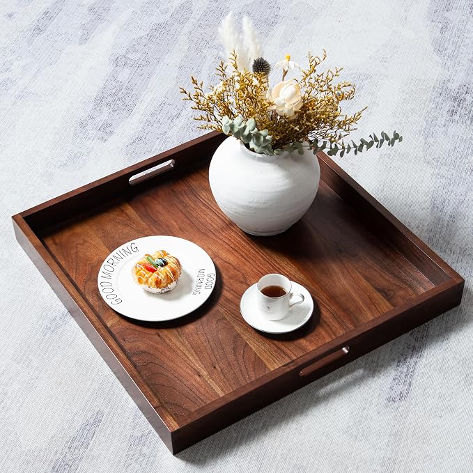 22 x 22 inches Large Square Solid Black Walnut Wooden Ottoman Tray Table Platter Decorative Serving Tray with Handle for Oversized Ottoman Home Breakfast in Bed Tea Coffee