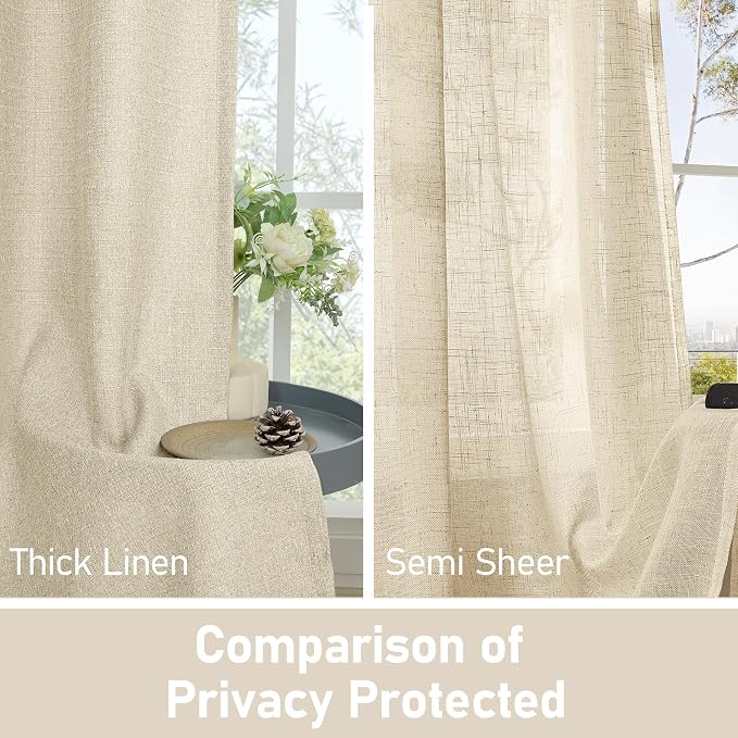 LAMIT Natural Linen Curtains for Bedroom/Living Room, 63 Inch Linen Textured Light Filtering Window Drapes Grommet Privacy Protected Panels for Farmhouse, 2 Panels, 60 x 63 Inch