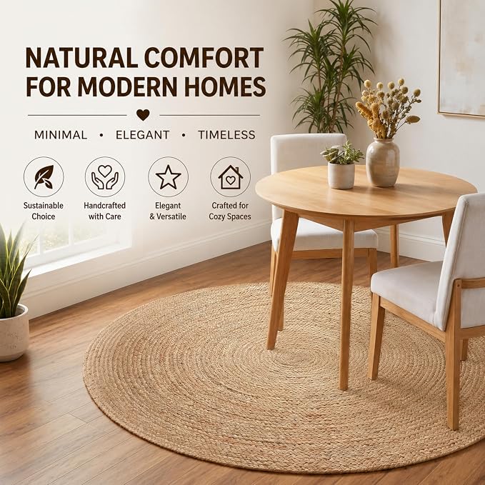 THE BEER VALLEY Jute Braided Area Rug 4 Feet Round - Natural | Reversible Handwoven Farmhouse Circle Rugs for Living Room, Bedroom, Nursery, Kitchen - Rustic Floor Mat for Porch Décor