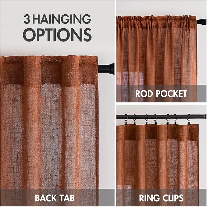 MIULEE Burnt Orange Linen Curtains for Bedroom Living Room, Soft Thick Linen Textured Window Drapes Terracotta Rust Fall Decor Semi Sheer Light Filtering Rod Pocket Back Tab, 2 Panels, 37x84 Inches