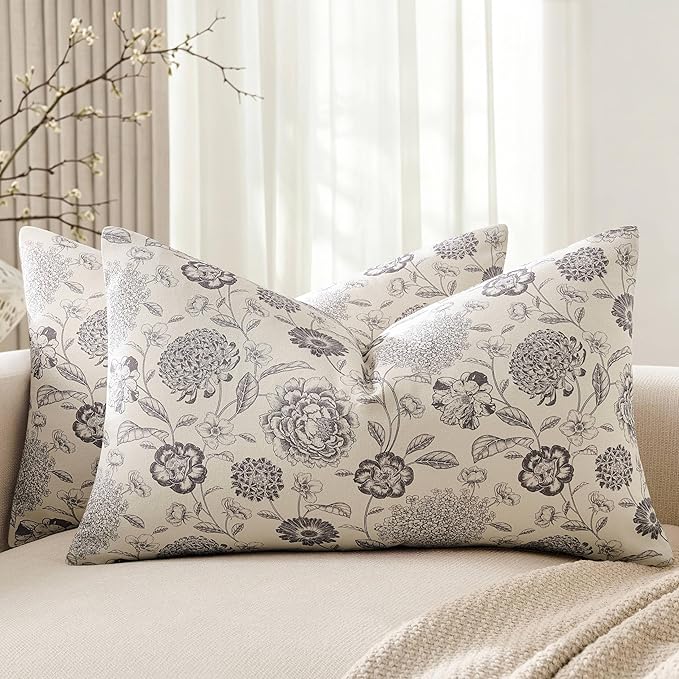 100% Cotton Botanical Throw Pillow Covers Set of 2, 12x20 Inch Grey, Farmhouse Double-Sided Floral Print Decorative Cushion Covers Pillow Cases Boho Home Decor
