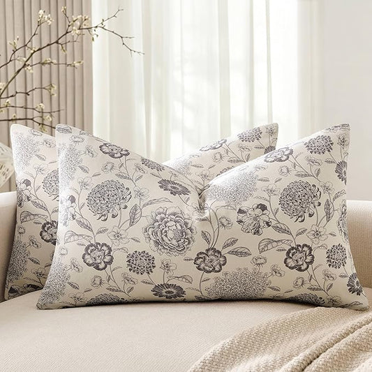 100% Cotton Botanical Throw Pillow Covers Set of 2, 12x20 Inch Grey, Farmhouse Double-Sided Floral Print Decorative Cushion Covers Pillow Cases Boho Home Decor