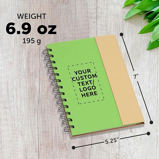 DISCOUNT PROMOS Custom Eco Friendly Spiral Notebooks with Pens Set of 10/50/100, Personalized Bulk Pack - Perfect for School, Office, Home - Green