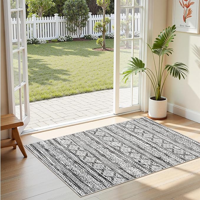 Tortania Area Rug Living Room Rugs - 2x3 Washable Soft Neutral Boho Moroccan Farmhouse Mat Indoor Floor Carpet for Bedroom Hallway Entryway Kitchen Home Office Decor - Black White