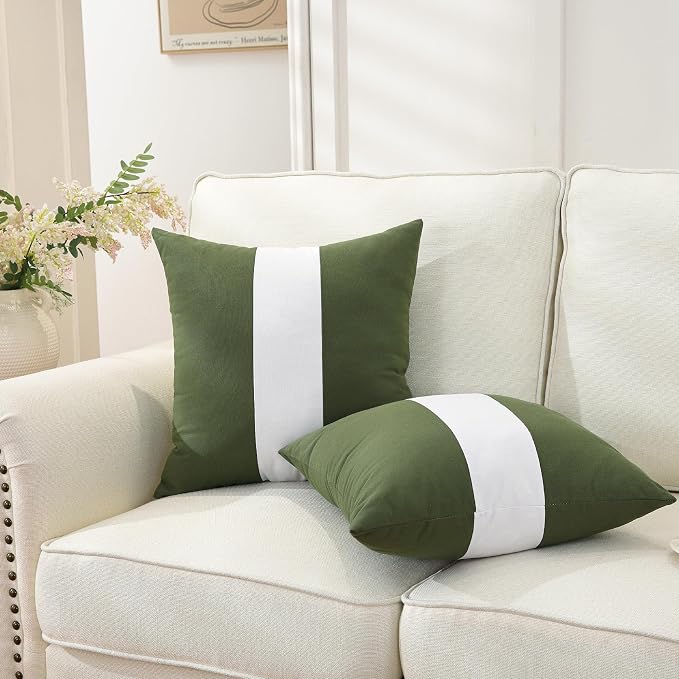 TAOSON Set of 2, Olive Green 100% Cotton Canvas Patchwork Throw Pillow Covers 18x18 Inch, Modern White Striped Farmhouse Decor Cushion Covers for Sofa Couch Bedroom Living Room