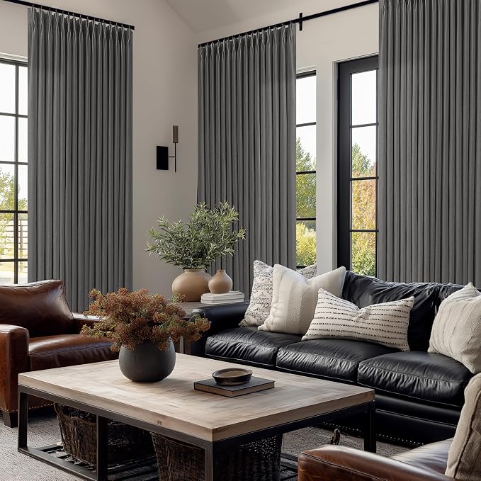 Pinch Pleated Charcoal Grey Linen Curtains 84 Inches Long 2 Panels Set for Living Room Bedroom Dining Pinch Pleat Back Tab Light Filtering Farmhouse Neutral Dark Gray Window Curtain Drapes W50xL84