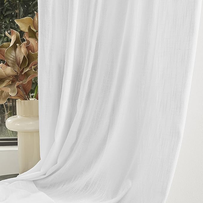 MYSKY HOME White Curtains 95 Inches Long Semi Sheer Drapes Light Filtering for Sliding Glass Door Window Treatments Soft Cotton Blend Panels Linen Look Farmhouse Style, 50" x 95", 2 Pieces