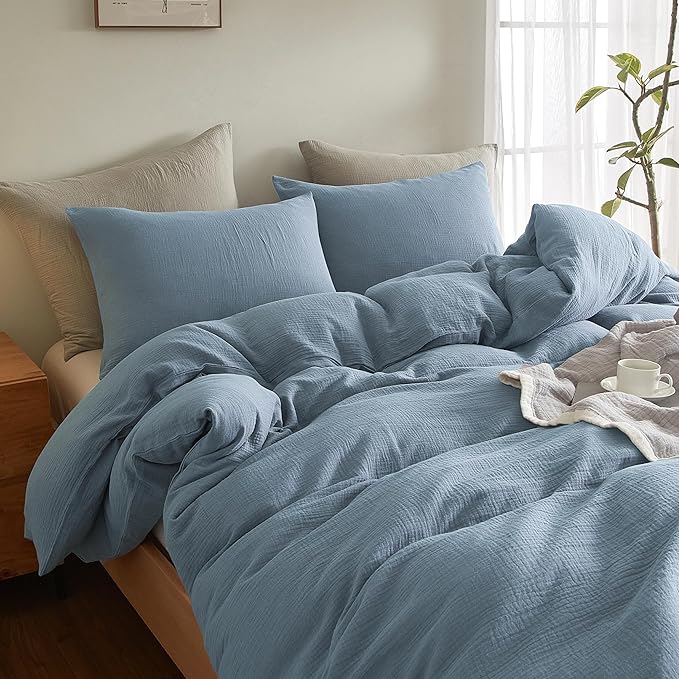 SE SOFTEXLY Muslin Duvet Cover King Size, 100% Washed Cotton Duvet Cover Set, Ultra Soft Comforter Cover Linen Like, 3 Pieces Minimalist Gauze Duvet Cover with 2 Pillowcases, 90"x104", Blue