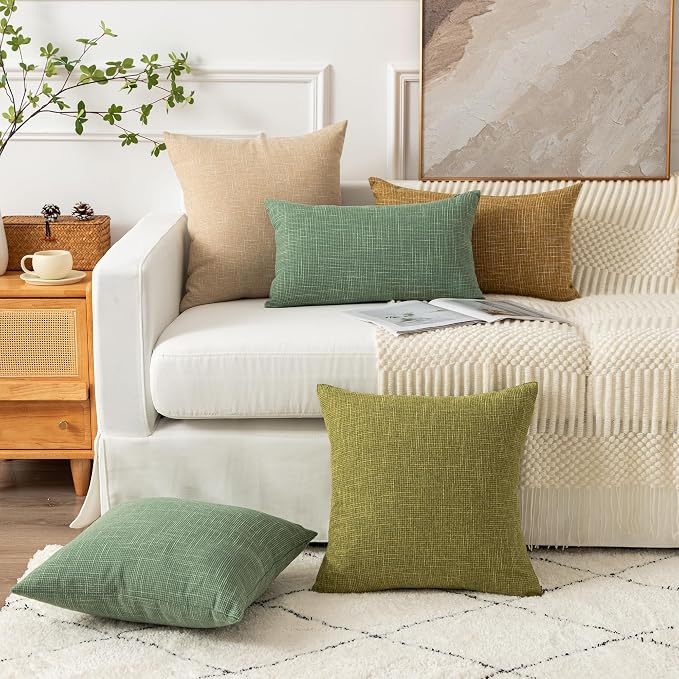 Kevin Textile Set of 2 Sage Green Pillow Covers 18 x 18 Inch Spring Farmhouse Boho Decorative Throw Pillow Covers Linen Cushion Covers for Sofa Couch Décor