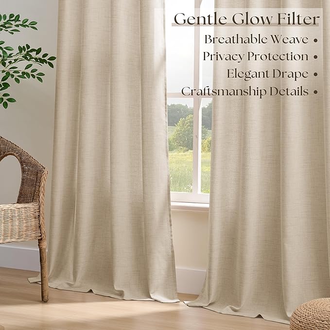 Warm Beige Oatmeal Linen Curtains 96 Inch Length 2 Panels Set Sand Ecru Light Filtering Semi Sheer Grommet Drapes Thick Linen Privacy Floor to Ceiling Length Curtain Living Room 8ft