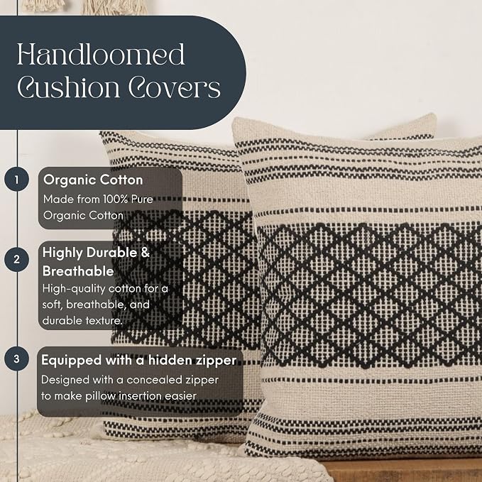Trade Star Handloomed Pillow Cover Set of 2 Cushion Covers Decorative Throw Pillow Cases Cotton Premium Quality Pillow Shams Farmhouse Decor 18x18 Inches