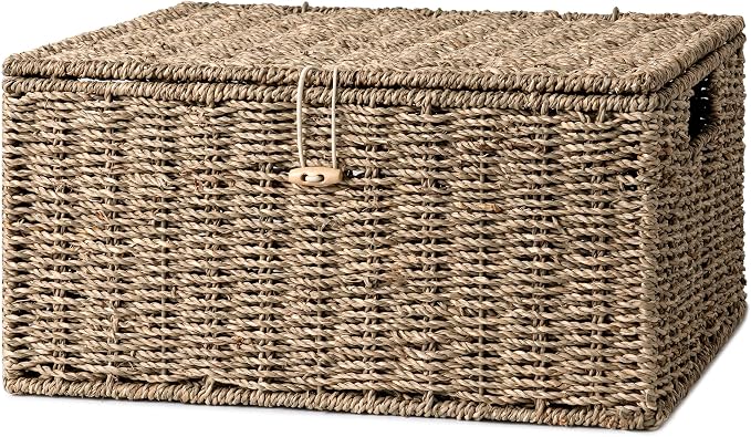 StorageWorks Seagrass Wicker Baskets for Organizing, Large Wicker Basket with Lid, Decorative Basket with Built-in Handles, Storage Baskets for Shelves, 1 Pack