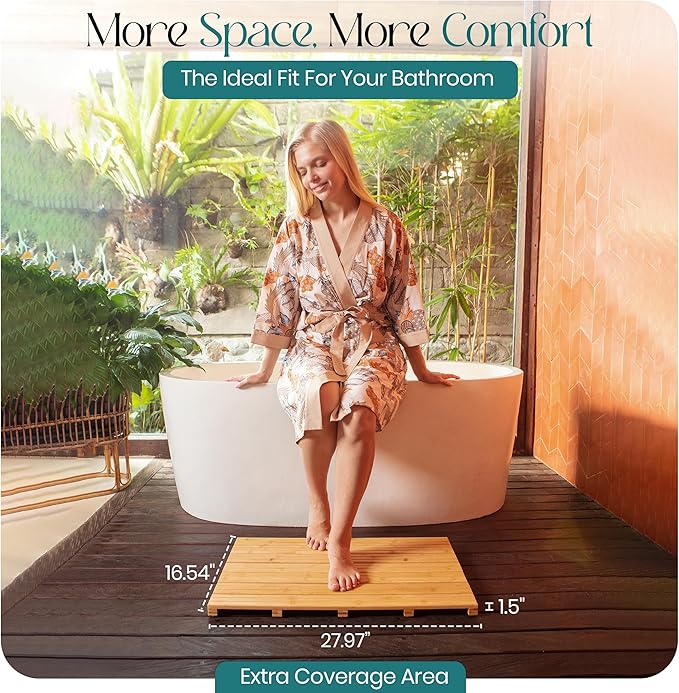 Large Natural Bamboo Bath Mat – Non-Slip Design Sauna Floor Mat, Secure Grip Pads, Water-Resistant Coating, Durable for Indoor/Outdoor Use, Bamboo Decor