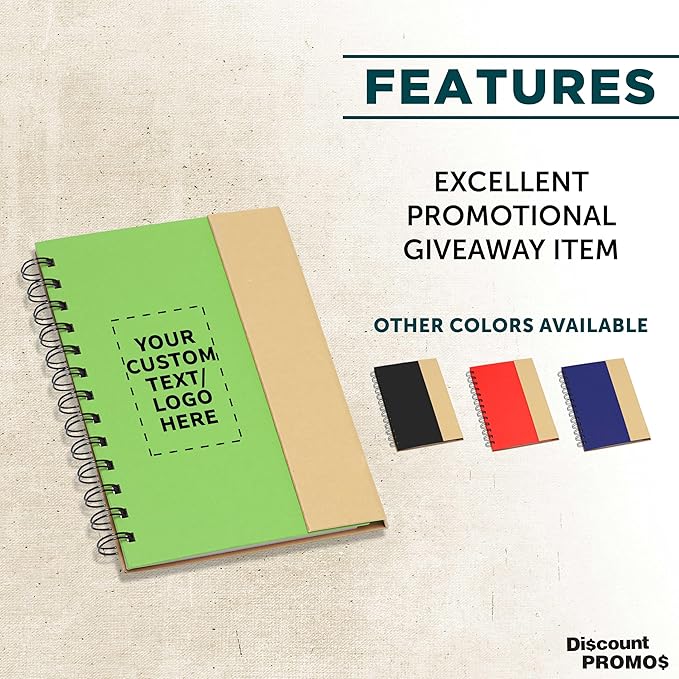 DISCOUNT PROMOS Custom Eco Friendly Spiral Notebooks with Pens Set of 10/50/100, Personalized Bulk Pack - Perfect for School, Office, Home - Green