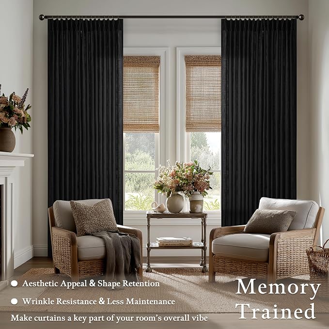 Black Pinch Pleated Linen Curtains 105 Inches Long for Living Room 2 Panels Set Memory Trained Viral Pleat Drapes Back Tab Light Filtering Neutral Boho Ceiling Floor 105 Inch Length Window Curtains