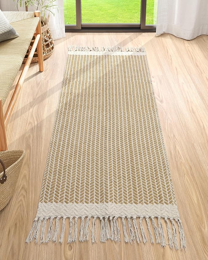 Lahome Belle Boho Bathroom Runner Rug, 2x5 Hallway Runner Rugs Washable Rugs for Entryway Indoor Door Mat with Tassels, Farmhouse Woven Cotton Low Pile Rug Runners for Hallways Laundry Room, Khaki