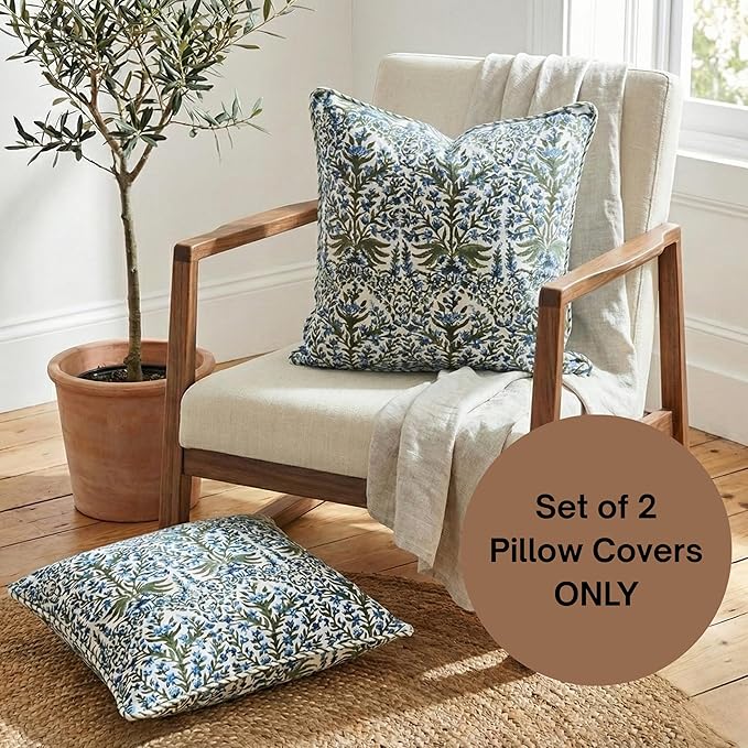 ATOSII Block Print Throw Pillow Covers, 18" X 18"- Set of 2, Decorative Couch Pillows for Living Room Bed Sofa, 100% Cotton Canvas Pillow Case for Home Decor & Outdoors, Preppy Throws - Nargis Blue