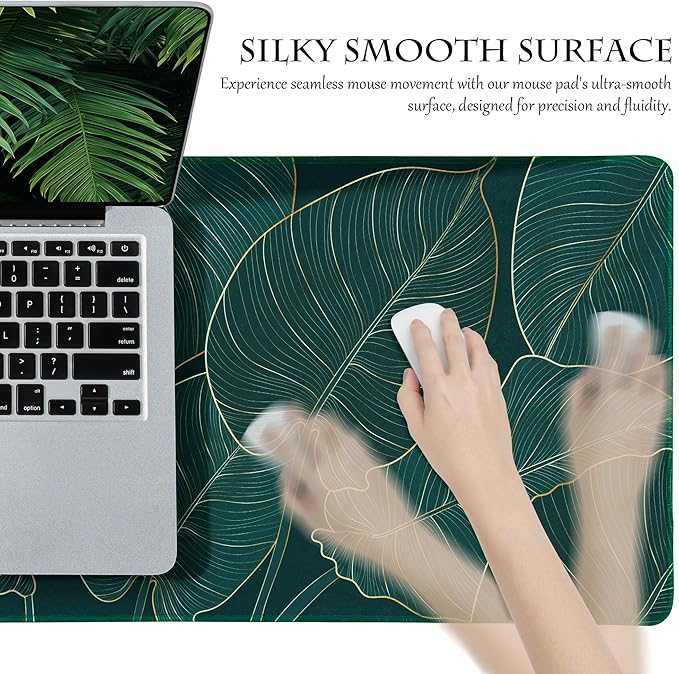 ALOANES Waterproof Mouse Pad with Durable Stitched Edge, XL Gaming Keyboard Pad, Non-Slip Rubber Base, Extended Desk pad for Gamer, Office & Home, Green Leaves Mousepad 31.5"x 11.8"x 0.12"