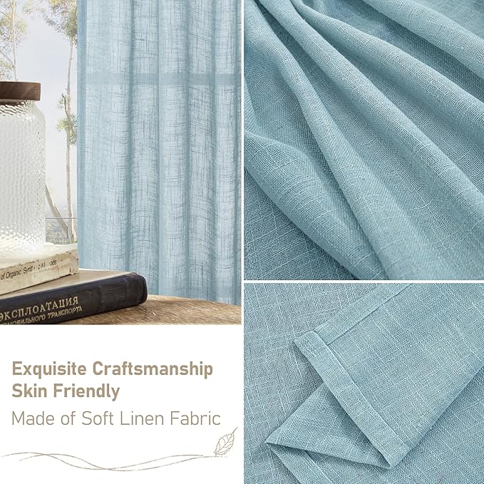 LAMIT Stone Blue Linen Curtains 45 Inch Length 2 Panels, Light Filtering Panels Back Tab and Rod Pocket Country Decor Drapes for Kitchen/Window/Loft Room/Bedroom, 34 x 45 Inch