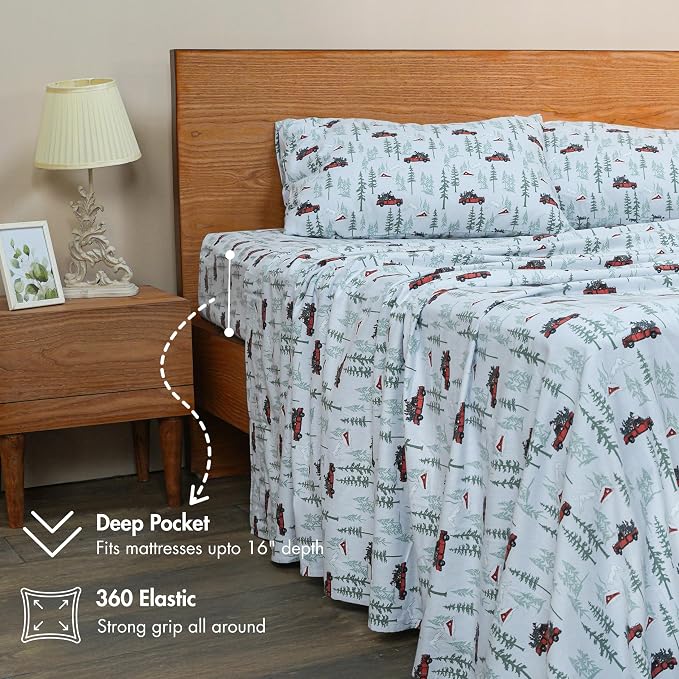 RUVANTI Flannel Sheets Full Size - GOTS Certified 100% Organic Cotton, 4 Piece Warm, Soft & Breathable Set, Deep Pocket Snug Fit, Double Brushed Cozy All Season Bedding, Merry Miles