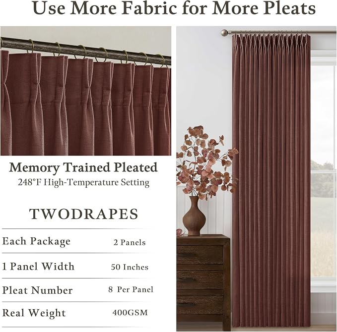 Chestnut Brown Pinch Pleated Linen Curtains 63 Inch Long Country Rustic Memory Training Semi Sheer Pleat Drapes with Hooks Rings 50 Inch Wide Back Tab Curtain 2 Panels Set for Dining Room Bedroom