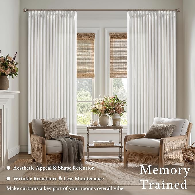 105 Inch Linen Curtains for Living Room Dining Floor to Ceiling Pinch Pleated Hooks Rings Back Tab Light Filtering Semi Sheer Curtain Drapes 2 Panels Set for Large Window Boho Neutral Beige White