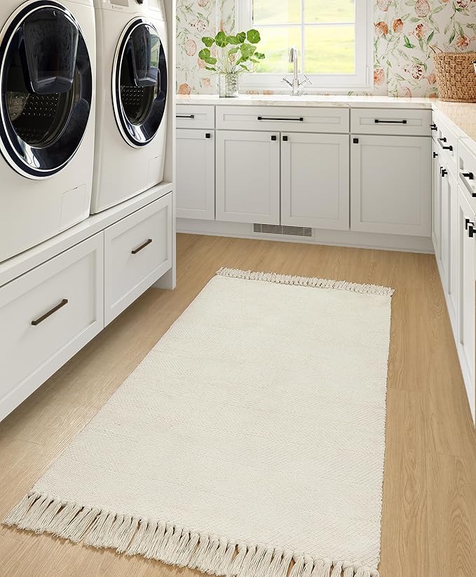 Collive Washable Area Rug 3' x 5', Modern Woven Kitchen Rugs, White/Beige Braided Rug Indoor Door Mat Throw Carpet for Entryway Living Room Nursery Mudroom Laundry Room