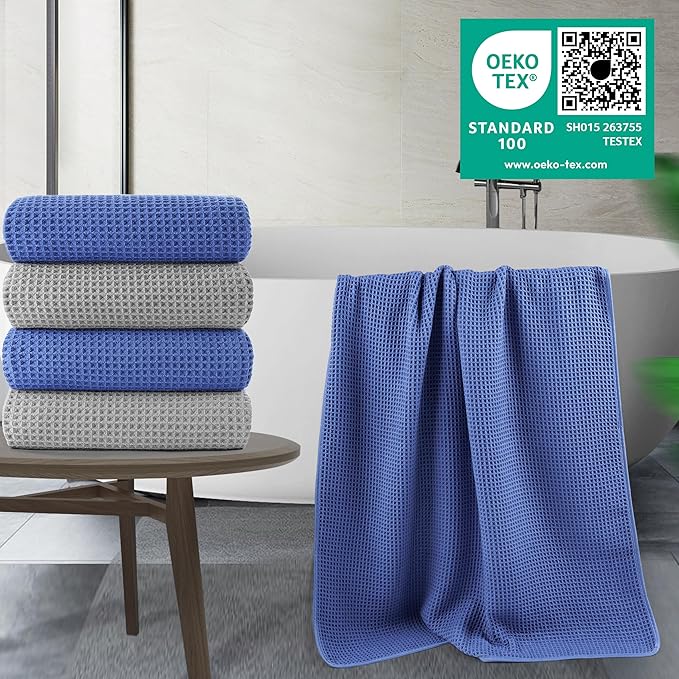 POLYTE 430 GSM Microfiber Oversize Quick Dry Lint Free Bath Towel, 60 x 30 in, 4 Pack (Waffle Weave)