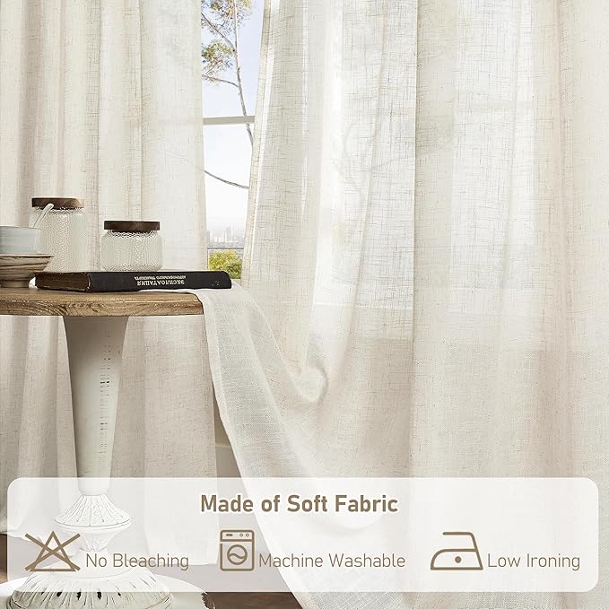 LAMIT Natural Ivory Semi Sheer Linen Curtains 84 inch Long, Cream White Light Filtering Living Room Panels Back Tab and Rod Pocket Neutral Drapes for Bedroom/Farmhouse, 2 Panels, 52 x 84 Inch