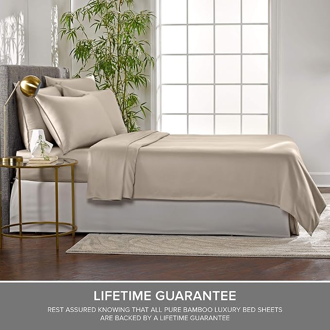 Pure Bamboo Split King Sheets, Genuine 100% Organic Viscose Derived from Bamboo Bed Sheet Set, Soft & Cooling, Double Stitching, 2 Fitted Sheets (Split King, Sand)