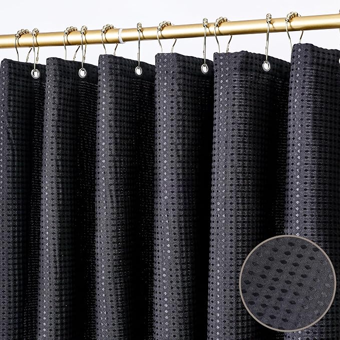 Black Fabric Shower Curtain -256GSM Waffle Thickened Heavy Duty Shower Curtain with 12 Stainless Steel Hooks, 72x72 inch, Black