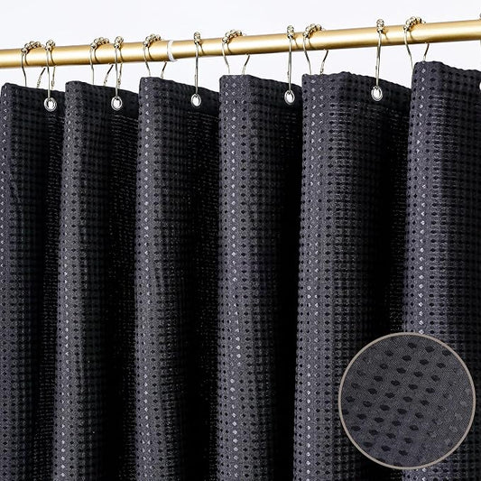 Black Fabric Shower Curtain -256GSM Waffle Thickened Heavy Duty Shower Curtain with 12 Stainless Steel Hooks, 72x72 inch, Black