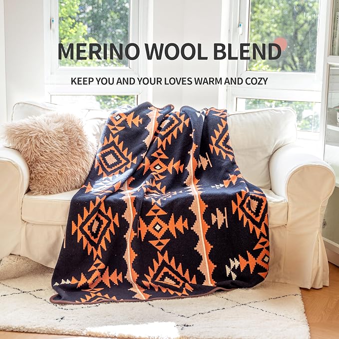 ACUSHLA Merino Wool Blend Blanket - Soft Warm Thick Washable Bed Couch Outdoor Camp Travel Car Blanket Throw All Weather, Morocco Navy Blue 63"x51"