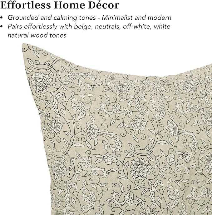 Handmade Block Print 100% Thick Cotton 20 x 20 inch Throw Pillow Cushion Cover with Zipper - Pillowcase for Bedroom, livingroom, Couch, Sofa, Outdoor, Chair, Bed, Home Décor-Lina (Beige)
