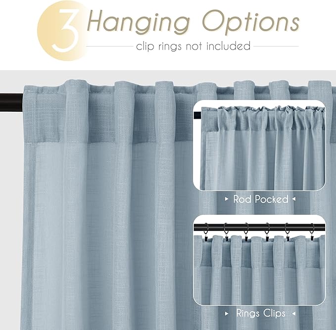 Stone Blue Curtains for Living Room Back Tab Modern Farmhouse Semi Sheer Blue Curtains 45 inches Long 2 Panels Set Muted Neutral Window Curtain for Dining Room Bedroom 52x45