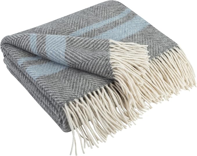 LYHome Merino Wool Blanket - Warm Throw for Cold Weather, Warmest Travel Outdoor Camping Blankets, Picnic Army and Military Throws, Comforter Soft & Cozy (55" x 79" Grey with Blue and White Stripes)