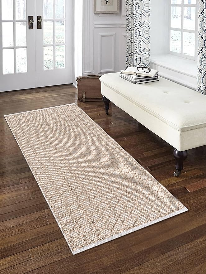 Cotton Diamond Woven Runner Rug 2x6 Feet - Beige, Non Slip Super Soft Farmhouse Space Patio Throw Carpet Ideal for Hallways, Kitchen, Living Room | Neutral Large Bedroom Area Décor Floor Décor Mats