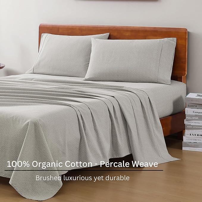 LANE LINEN 100% Organic Cotton Queen Sheets, Fade Resistant Printed Soft & Comfy Luxury Cotton Sheets, Percale Weave, 15" Deep Pocket Available in Variety of Colors- Snowdrop