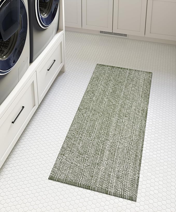 LEEVAN Washable Kitchen Rug 2' x 4.3', Green Bathroom Runner Rug, Reversible Small Hallyway Rug, Farmhouse Low Profile Front Door Mat, Modern Bedroom Carpet for Foyer Laundry/Proch Decor