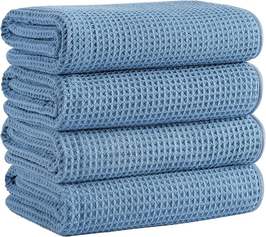 Microfiber Waffle Bath Towels, 4 Pieces, Soft, Absorbent, Fast Drying, Lint Free 430 GSM (Blue)