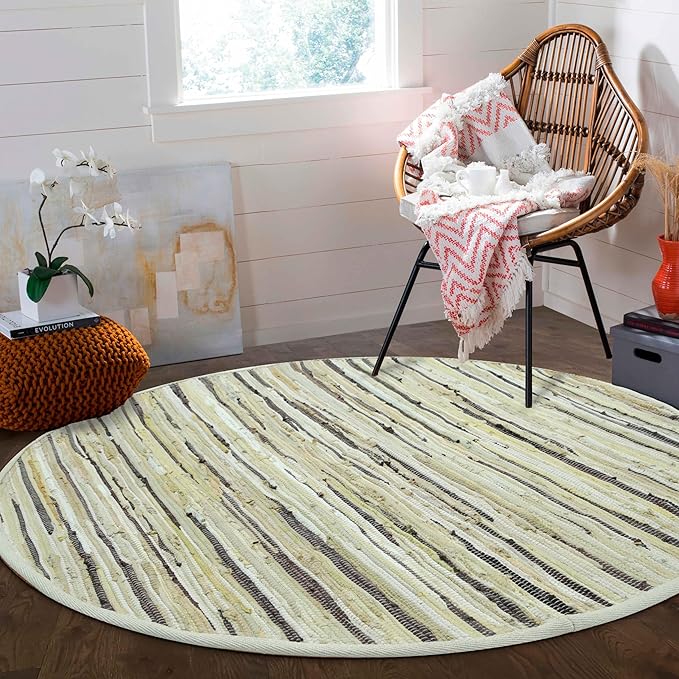 Cotton Hand Woven Chindi Area Rug 4 Feet Round - Beige, Reversible Circle Green Dinning Space Floor Rugs Ideal for Bedroom, Living Room, Kitchen | Linen Farmhouse Recycled Patio Mats for Balcony Décor