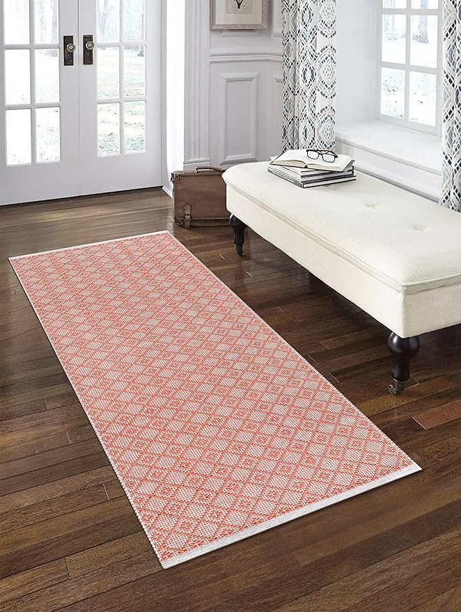Cotton Diamond Woven Runner Rug 2x6 Feet - Dusty Pink, Anti Slip Farmhouse Geomatric Pattern Floor Area Runners Ideal for Hallways, Kitche, Laundry Room | Peach Nursery Patio Décor Mats for Home Space