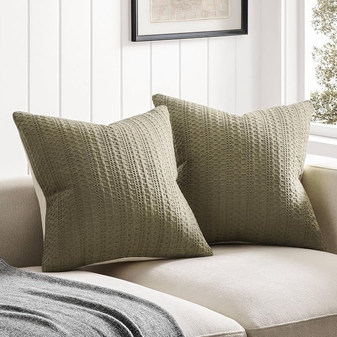 ZeeMart 100% Cotton Waffle Textured Throw Pillow Covers Set of 2, 22x22 Inch Khaki Green, Soft Farmhouse Decorative Couch Pillow Cases Green Cushion Covers for Sofa Bed Living Room Home Decor